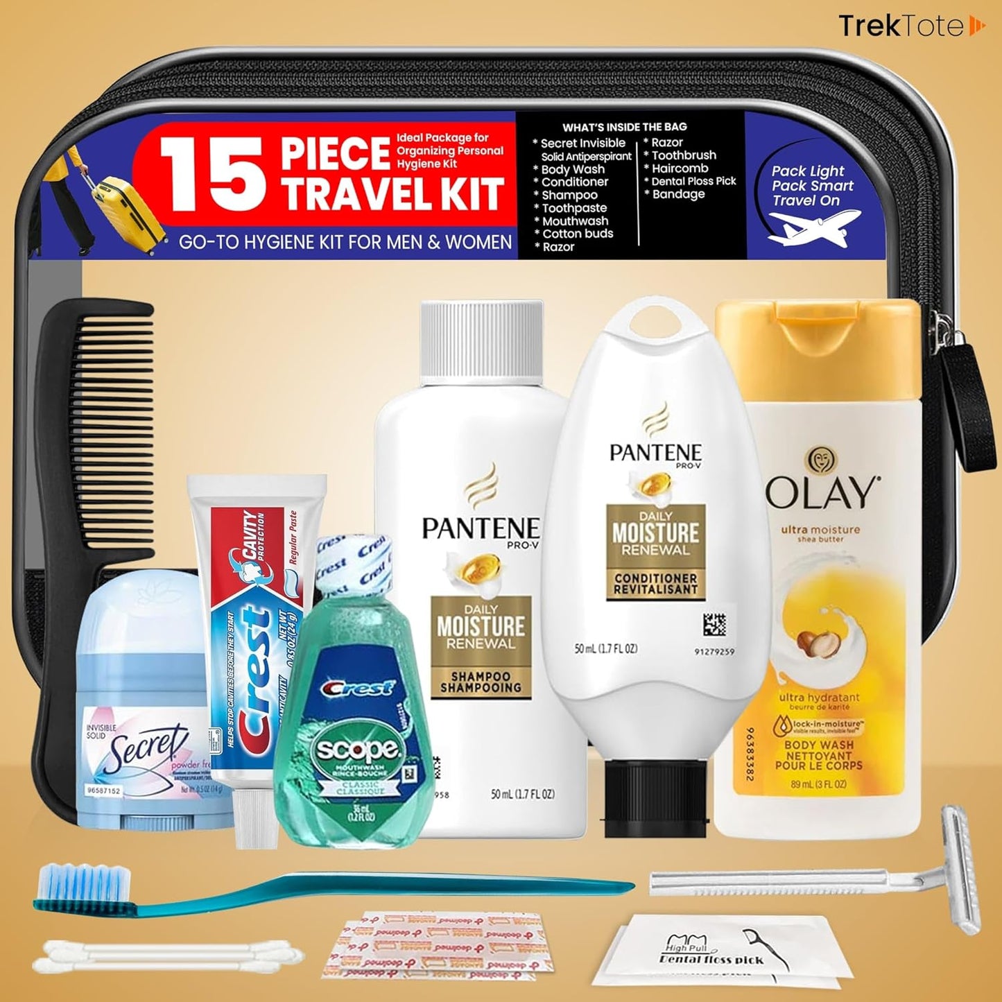 Travel Toiletry Kit for Women – 15 Piece Set of Travel Size Toiletries, TSA Compliant, Travel Essentials, Includes Pantene Shampoo and Conditioner, Olay Body Wash, Toiletry Bag & More