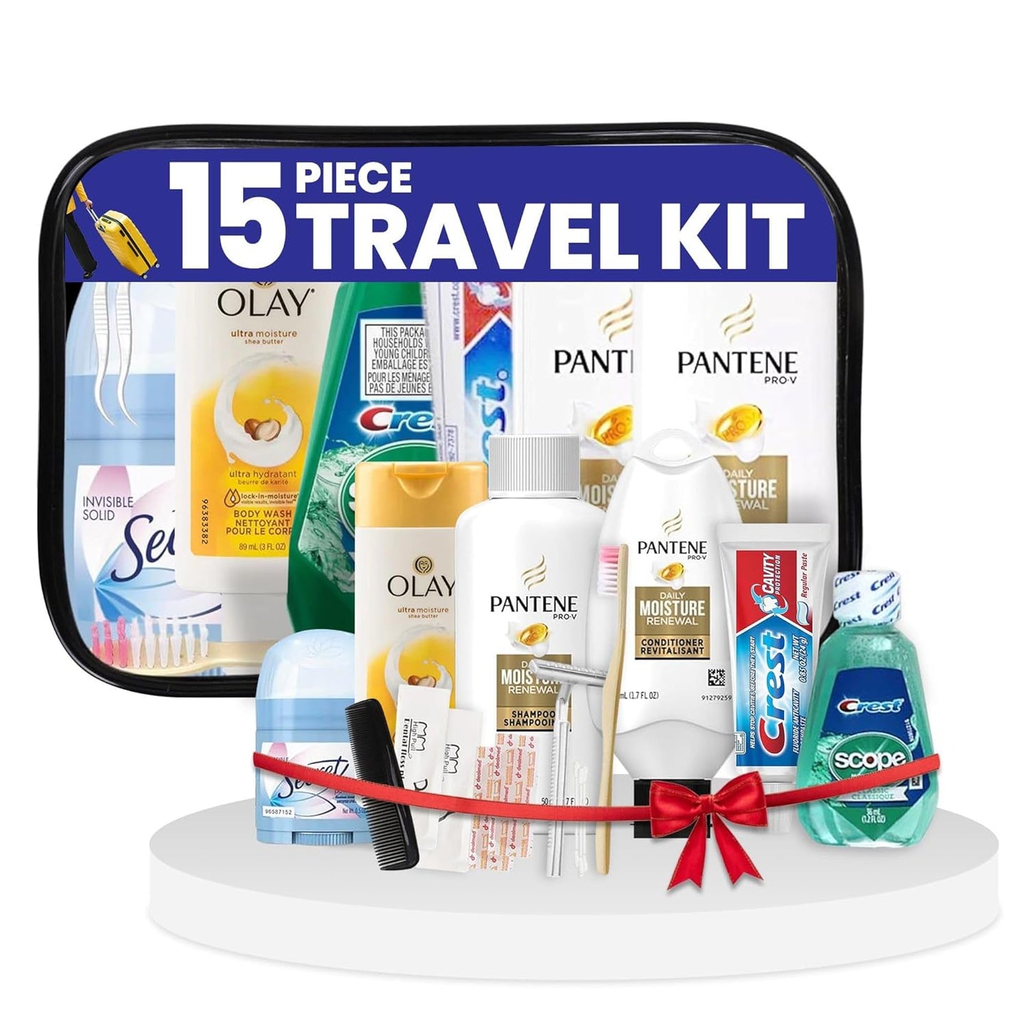 Travel Toiletry Kit for Women – 15 Piece Set of Travel Size Toiletries, TSA Compliant, Travel Essentials, Includes Pantene Shampoo and Conditioner, Olay Body Wash, Toiletry Bag & More