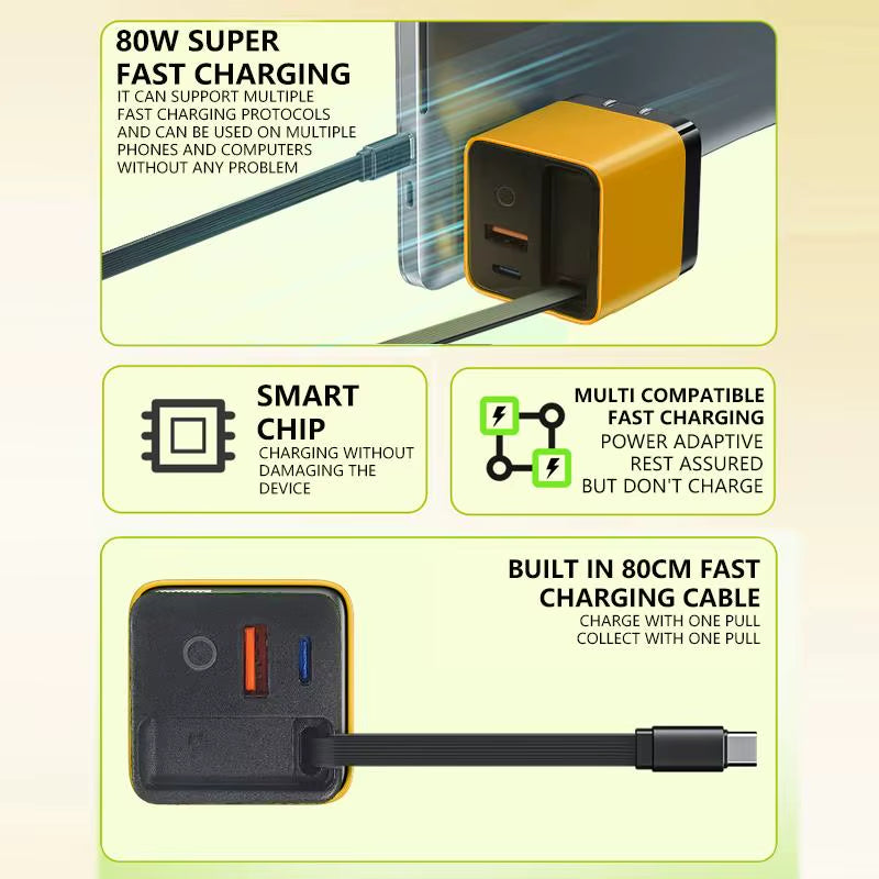 Experience Fast and Efficient Charging with the 3 in 1 Gan Charger - 80W MAX Retractable Block Featuring Type-C Cable and Dual USB Ports!