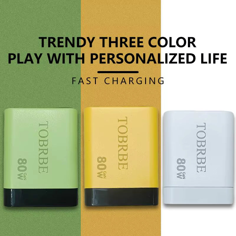 Experience Fast and Efficient Charging with the 3 in 1 Gan Charger - 80W MAX Retractable Block Featuring Type-C Cable and Dual USB Ports!