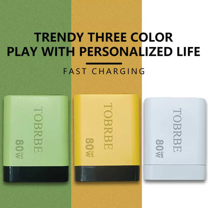 Experience Fast and Efficient Charging with the 3 in 1 Gan Charger - 80W MAX Retractable Block Featuring Type-C Cable and Dual USB Ports!