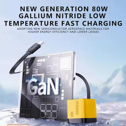Experience Fast and Efficient Charging with the 3 in 1 Gan Charger - 80W MAX Retractable Block Featuring Type-C Cable and Dual USB Ports!