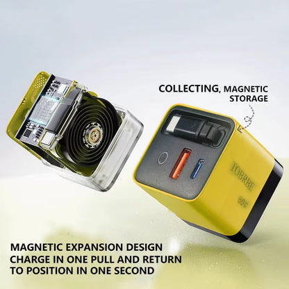 Experience Fast and Efficient Charging with the 3 in 1 Gan Charger - 80W MAX Retractable Block Featuring Type-C Cable and Dual USB Ports!