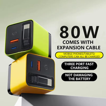 Experience Fast and Efficient Charging with the 3 in 1 Gan Charger - 80W MAX Retractable Block Featuring Type-C Cable and Dual USB Ports!