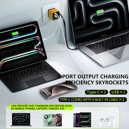 Experience Fast and Efficient Charging with the 3 in 1 Gan Charger - 80W MAX Retractable Block Featuring Type-C Cable and Dual USB Ports!